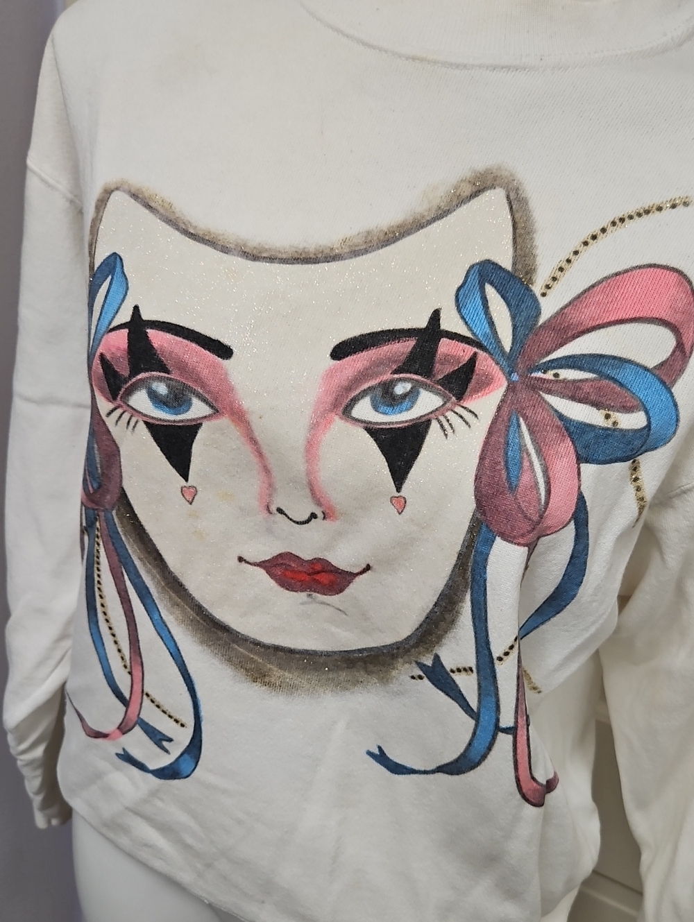 Y2k Vintage White Sweatshirt Colorful Pierrot Face Graphic - Picture 3 of 5